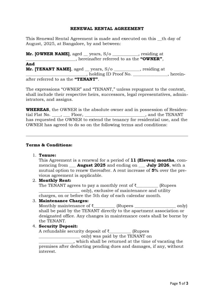 Rental Agreement Renewal India