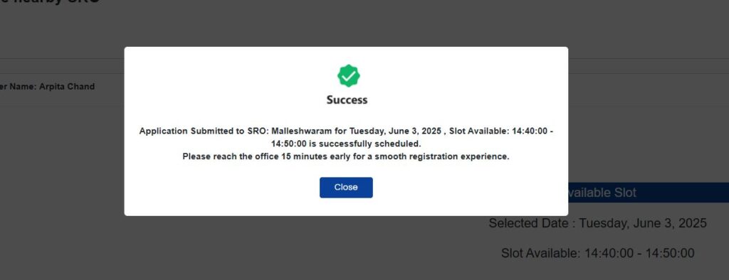 Registration slot confirmation for Discharge Deed registration