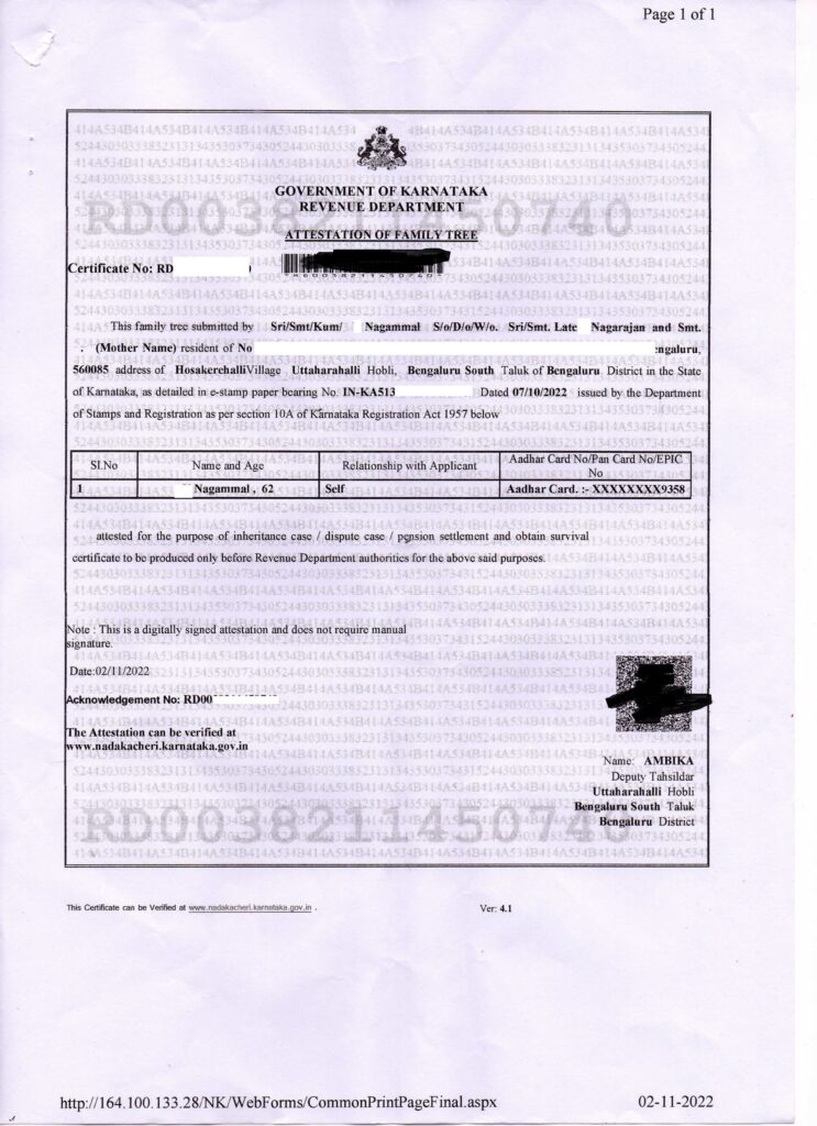 Family Tree Certificate from Revenue Department 1
