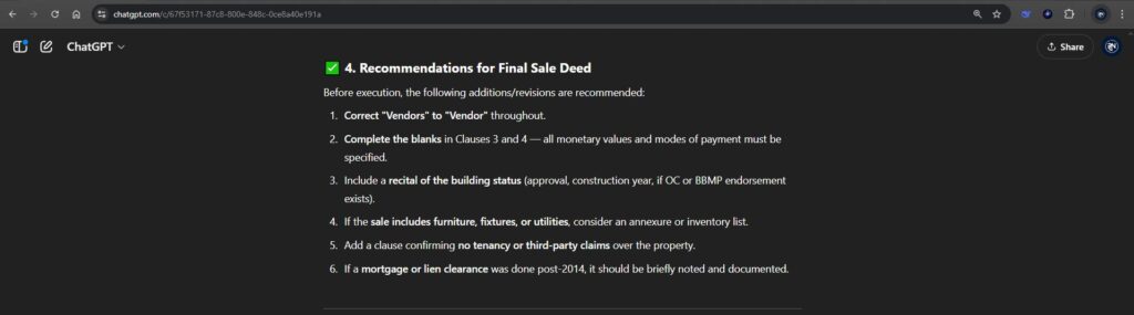 Recommendation for final sale deed draft