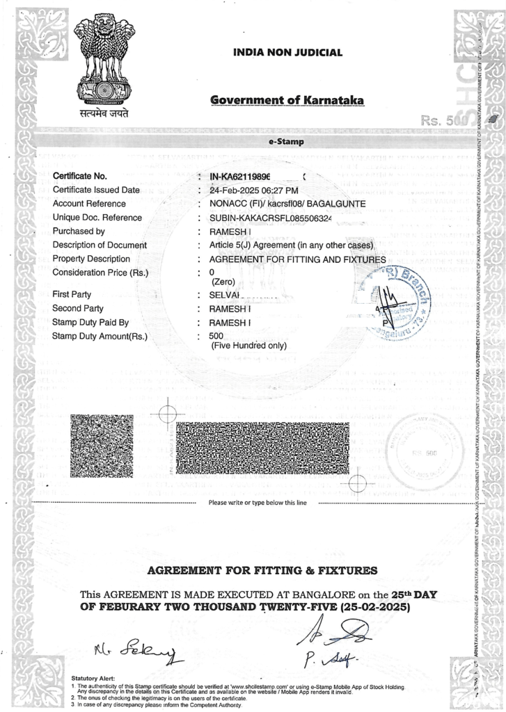 Sale Agreement for fixtures Fittings