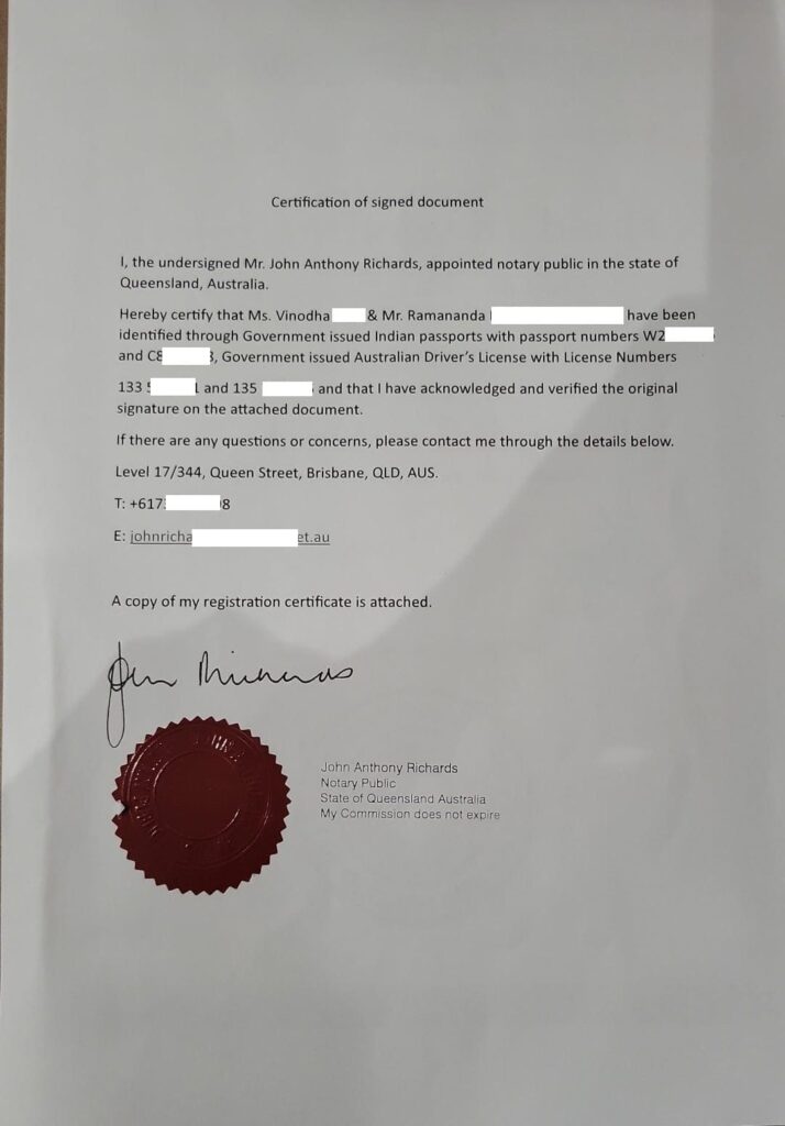 Notarisation certificate for Power of Attorney executed abroad