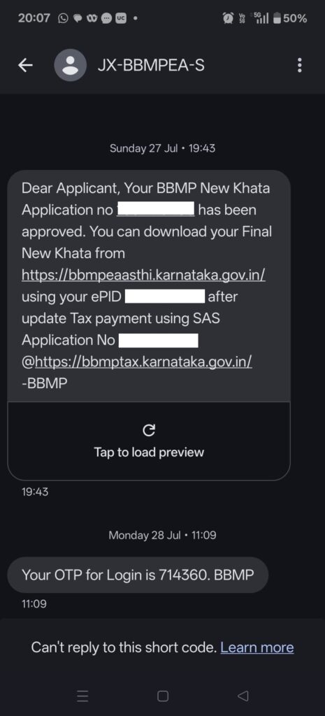 BBMP ekhata approved sms