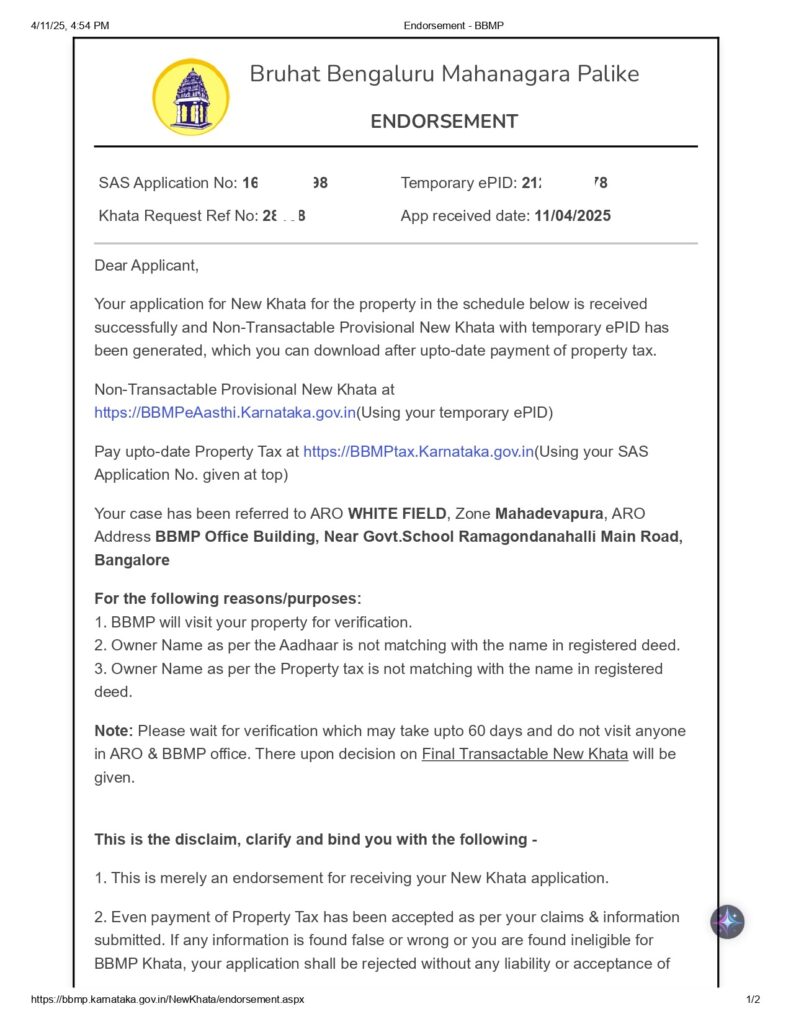 Endorsement BBMP ePID NO. 2123720878 2 page 0001 1